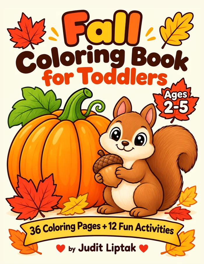 Cover of Fall Coloring Book for Toddlers, showing a squirrel holding an acorn beside a large pumpkin and autumn leaves