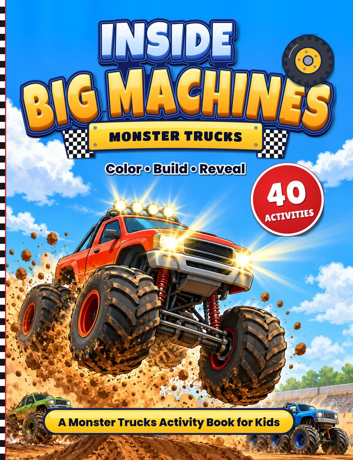 Cover of Inside Big Machines: Monster Trucks, showing a red monster truck kicking up mud