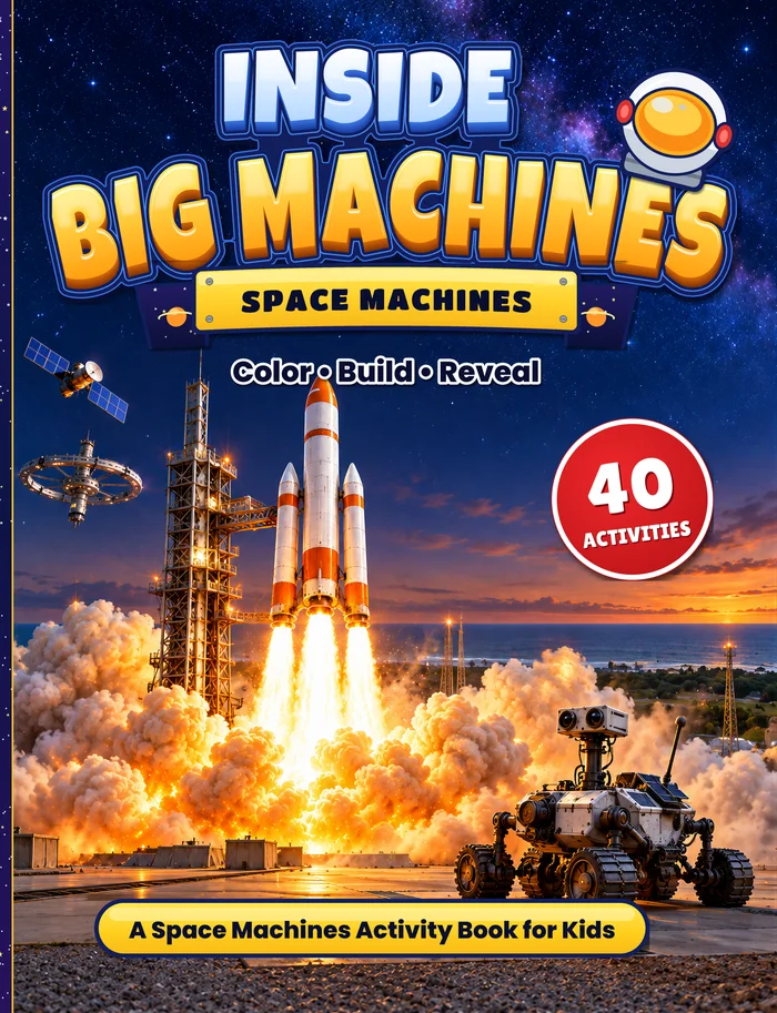 Cover of Inside Big Machines: Space Machines, showing a rocket lifting off from its launch pad, with a rover in the foreground