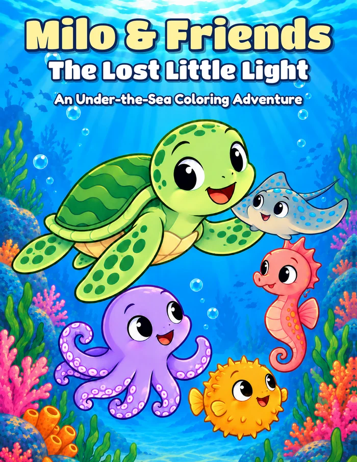 Cover of Milo & Friends: The Lost Little Light, showing Milo the sea turtle and his friends swimming over a coral reef