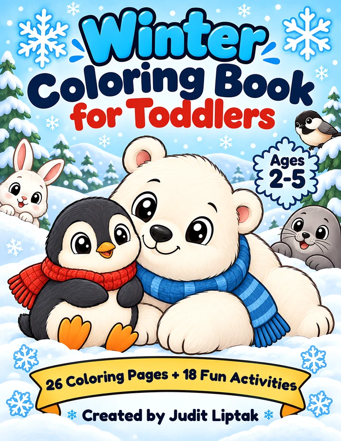 Cover of Winter Coloring Book for Toddlers, showing a penguin and a polar bear in scarves in the snow