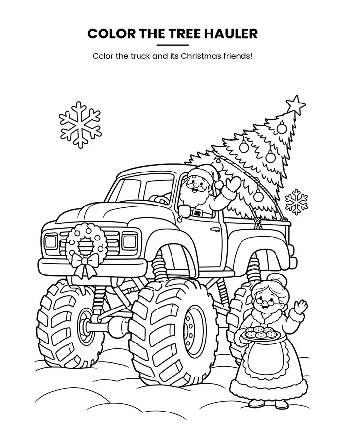 Coloring page of the tree hauler monster truck carrying a Christmas tree, in black-and-white line art