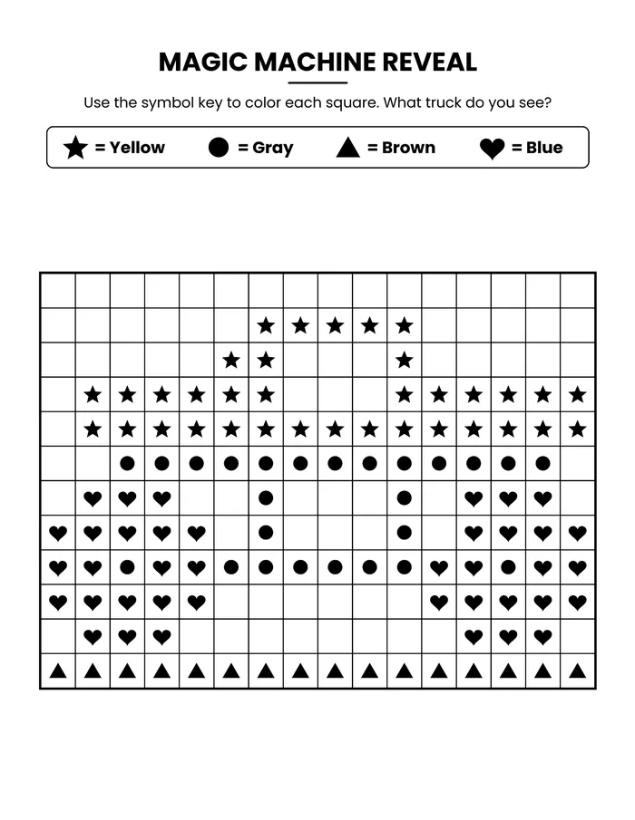 Color-by-symbol grid with a symbol key that reveals a hidden truck