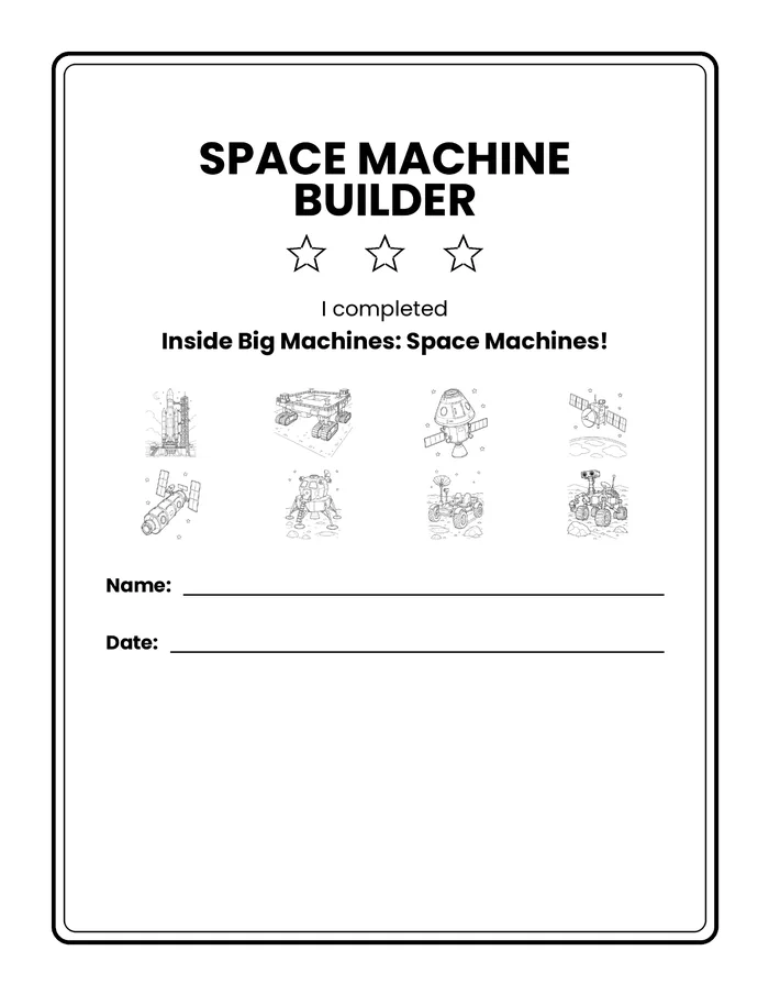 Space Machine Builder certificate with space for a name and date
